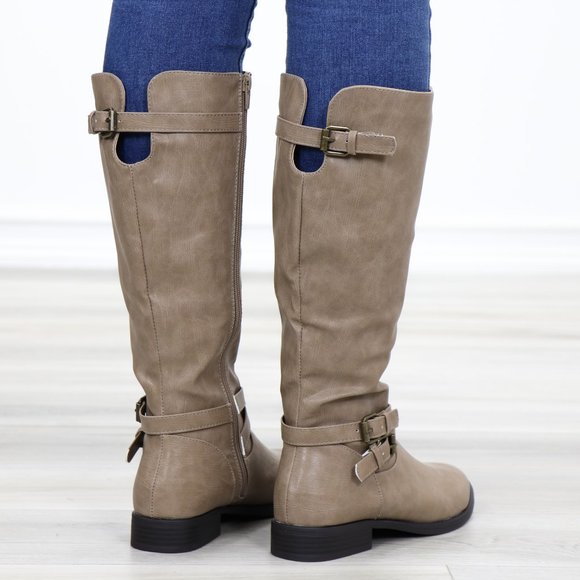 Taupe Rider Chick Mid Calf Boots With Buckles - Picture 7 of 11